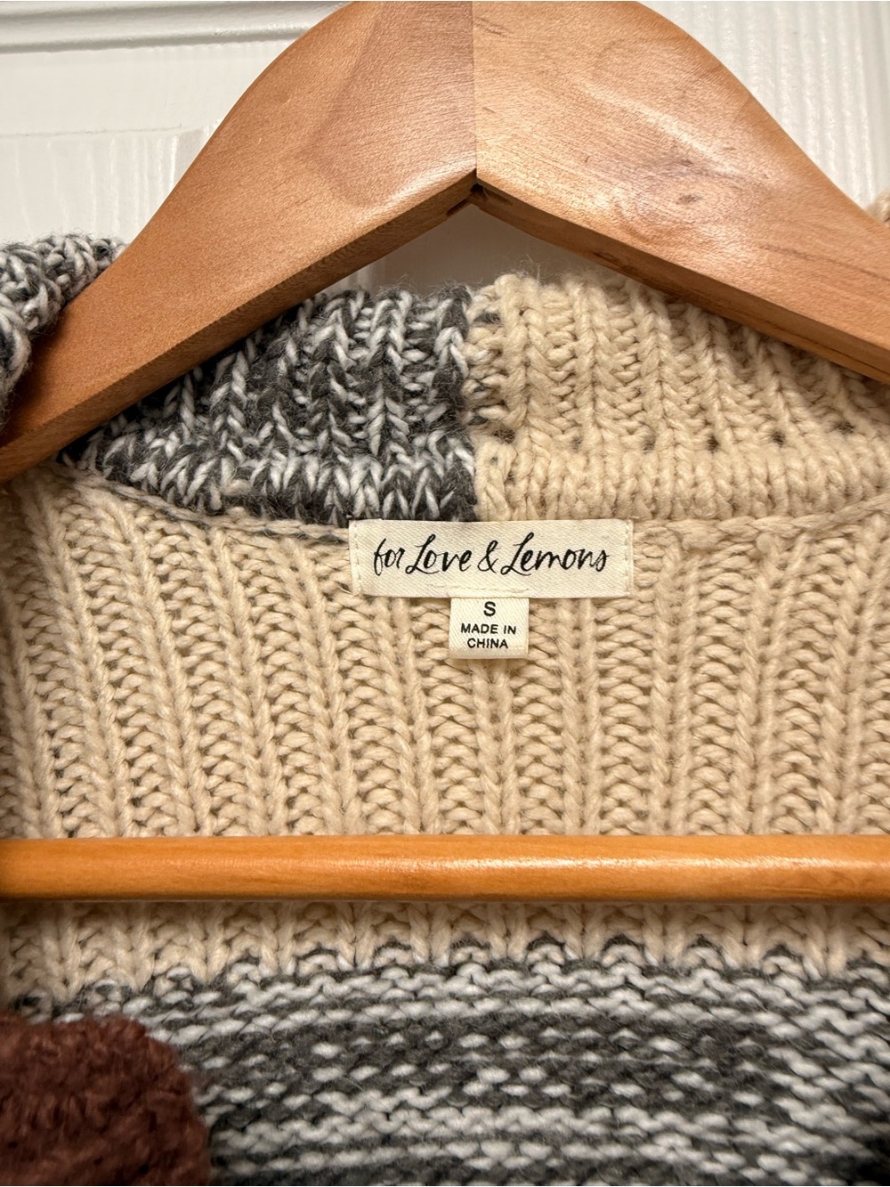 For Love & Lemons Patchwork Brown Cropped V Neck Puff Sleeve Knit Sweater Small - Picture 2 of 5